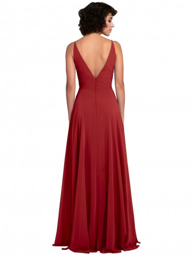Vermelho Linha A Decote V Chiffon Longo Vestidos de Madrinha
