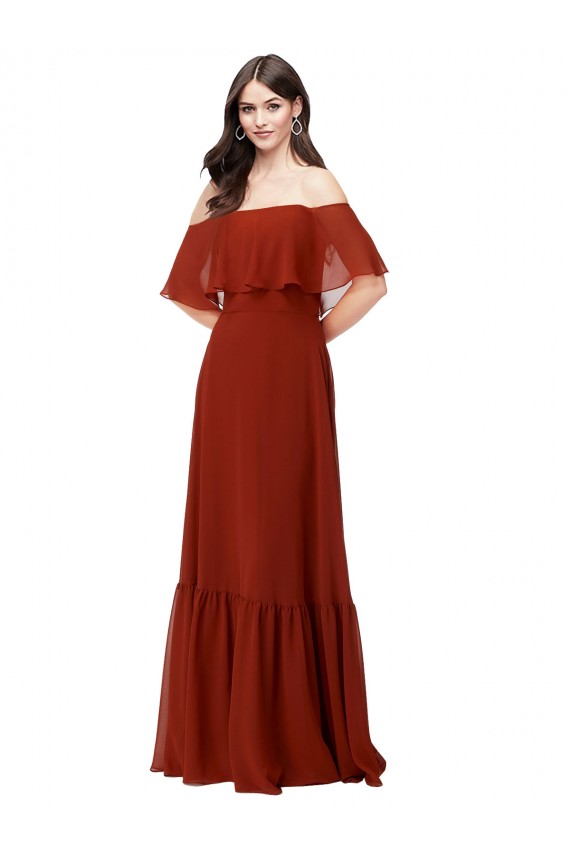 Vermelho Linha A Fora do Ombro Chiffon Longo Vestidos de Madrinha Acessíveis
