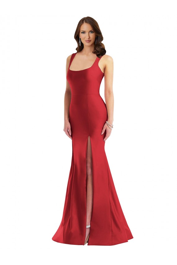 Vermelho Sereia Decote Quadrado Cetim Sedoso Longo Formais Vestidos de Madrinha / Vestidos de Festa Acessíveis