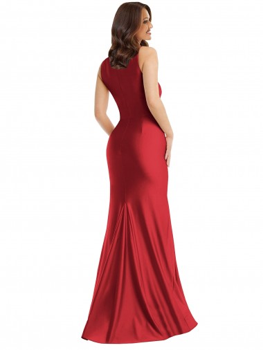 Vermelho Sereia Decote Quadrado Cetim Sedoso Longo Formais Vestidos de Madrinha / Vestidos de Festa