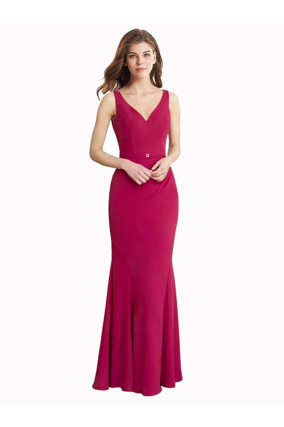 Vermelho Sereia Decote V Chiffon Longo Vestidos de Madrinha / Vestidos de Festa Acessíveis