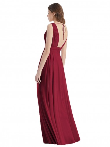 Vidro Marinho Chiffon Linha A Amarrar para trás Decote V Longo Vestidos de Madrinha
