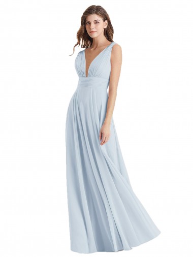 Vidro Marinho Chiffon Linha A Amarrar para trás Decote V Longo Vestidos de Madrinha