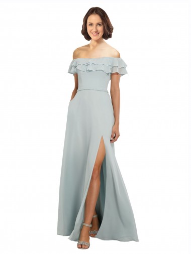 Vidro Marinho Chiffon Linha A Buraco da fechadura Fora do Ombro Longo Vestidos de Madrinha