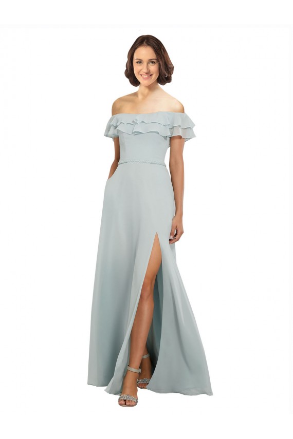 Vidro Marinho Chiffon Linha A Buraco da fechadura Fora do Ombro Longo Vestidos de Madrinha Acessíveis