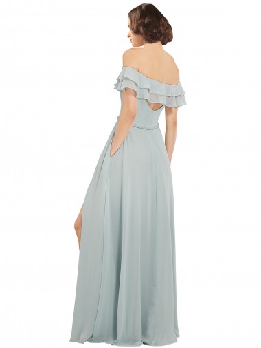 Vidro Marinho Chiffon Linha A Buraco da fechadura Fora do Ombro Longo Vestidos de Madrinha