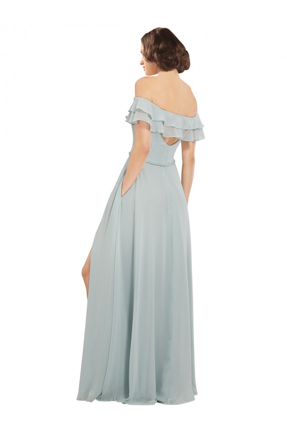 Vidro Marinho Chiffon Linha A Buraco da fechadura Fora do Ombro Longo Vestidos de Madrinha Acessíveis