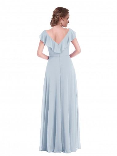 Vidro Marinho Chiffon Linha A Costas em V Decote V Longo Vestidos de Madrinha