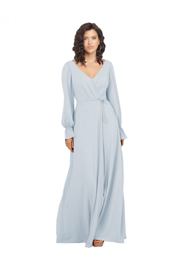 Vidro Marinho Chiffon Linha A Decote V Longo Vestidos de Madrinha Acessíveis