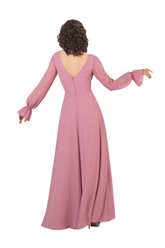 Vidro Marinho Chiffon Linha A Decote V Longo Vestidos de Madrinha Acessíveis