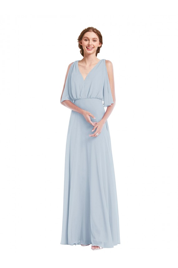 Vidro Marinho Chiffon Linha A Mangas Divididas Decote V Longo Vestidos de Madrinha Acessíveis