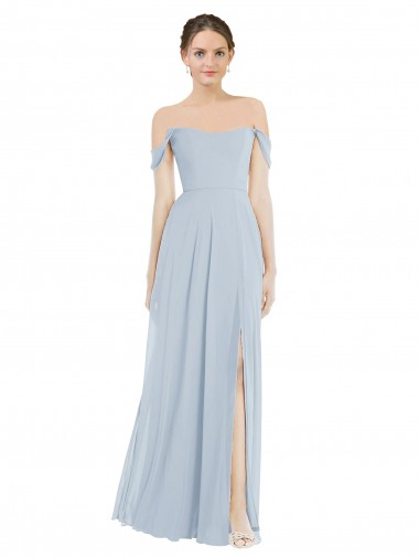 Vidro Marinho Chiffon Linha A Mangas Folhos Fora do Ombro Longo Vestidos de Madrinha