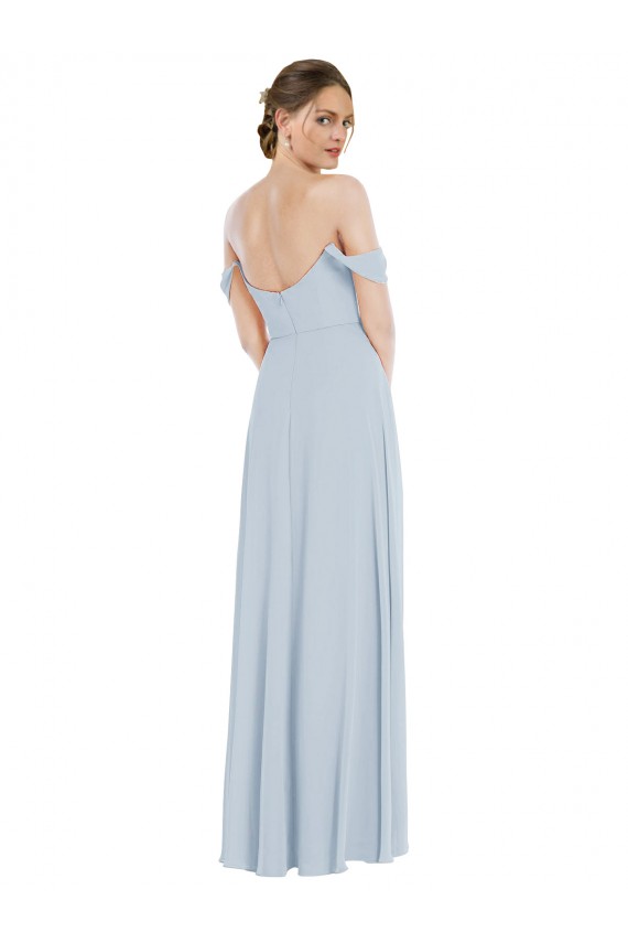 Vidro Marinho Chiffon Linha A Mangas Folhos Fora do Ombro Longo Vestidos de Madrinha Acessíveis