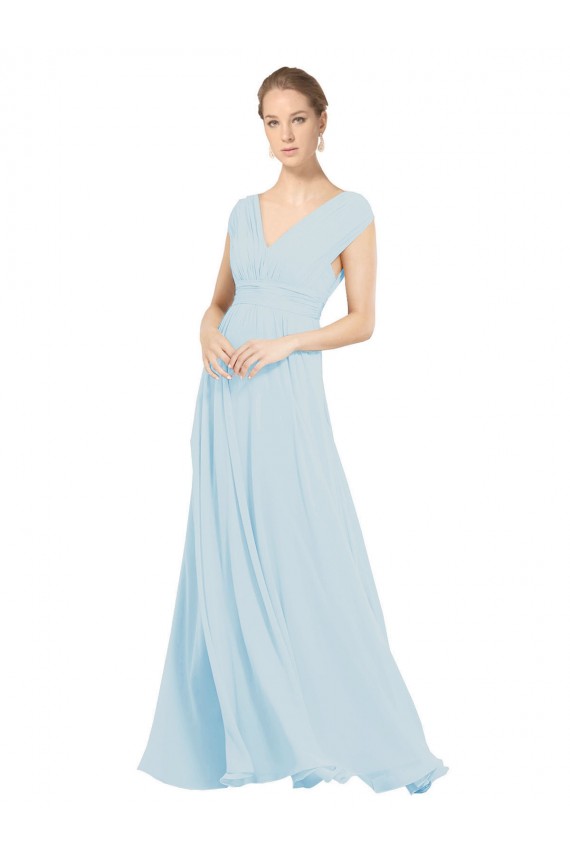 Vidro Marinho Chiffon Linha A Sem Mangas Decote V Longo Vestidos de Madrinha Acessíveis