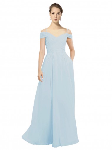 Vidro Marinho Chiffon Linha A Sem Mangas Fora do Ombro Longo Vestidos de Madrinha