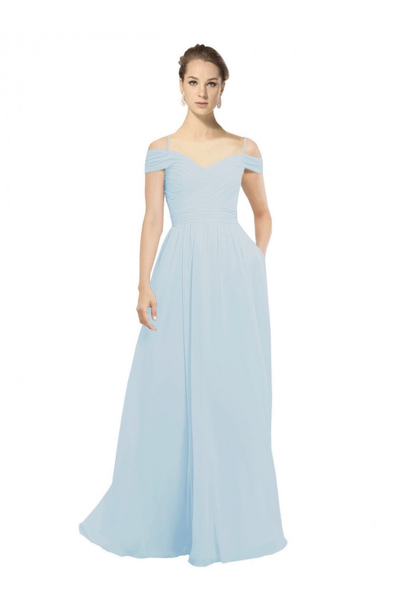 Vidro Marinho Chiffon Linha A Sem Mangas Fora do Ombro Longo Vestidos de Madrinha Acessíveis