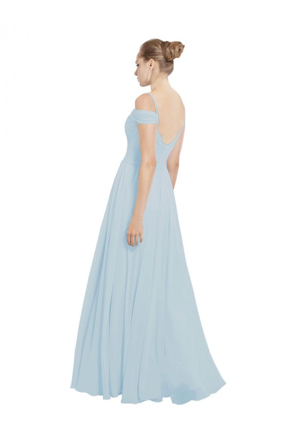 Vidro Marinho Chiffon Linha A Sem Mangas Fora do Ombro Longo Vestidos de Madrinha Acessíveis