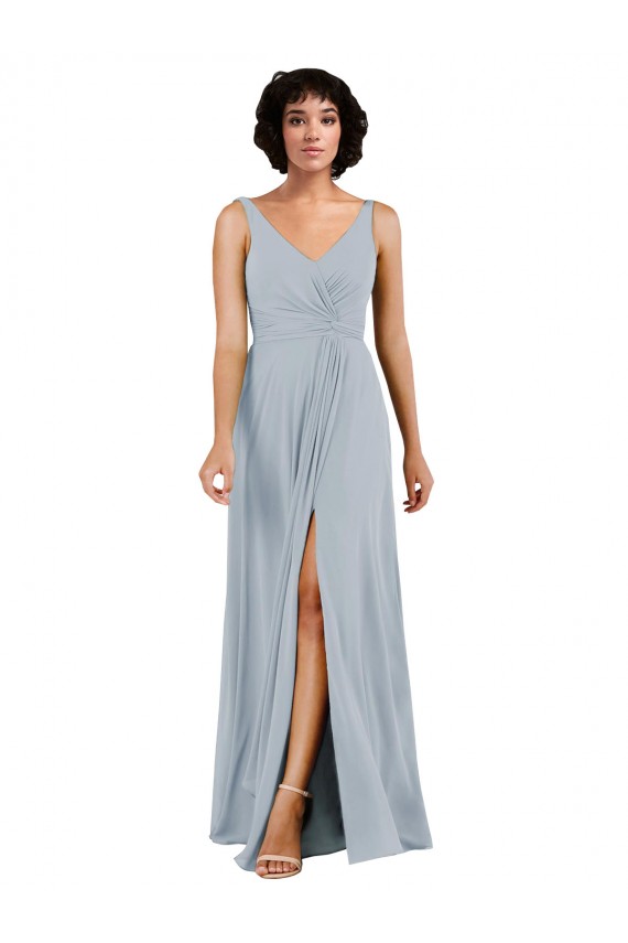 Vidro Marinho Coluna Decote V Chiffon Longo Vestidos de Madrinha Acessíveis