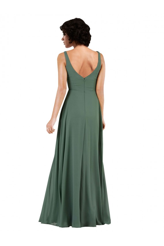 Vidro Marinho Coluna Decote V Chiffon Longo Vestidos de Madrinha Acessíveis