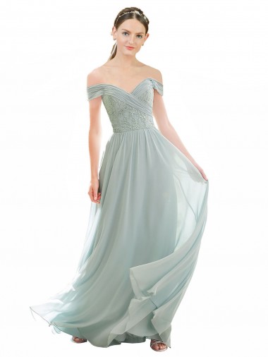 Vidro Marinho Linha A Fora do Ombro Chiffon & Renda Longo Vestidos de Madrinha