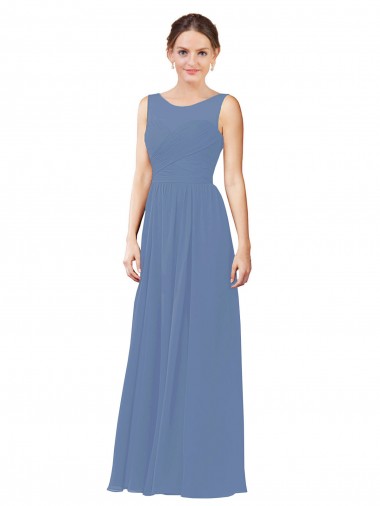 Windsor Azul Bainha Decote Ilusão Chiffon Longo Vestidos de Madrinha