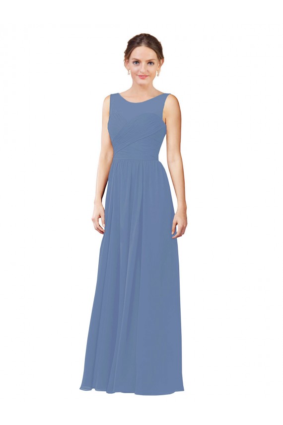 Windsor Azul Bainha Decote Ilusão Chiffon Longo Vestidos de Madrinha Acessíveis