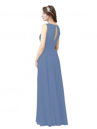 Windsor Azul Bainha Decote Ilusão Chiffon Longo Vestidos de Madrinha