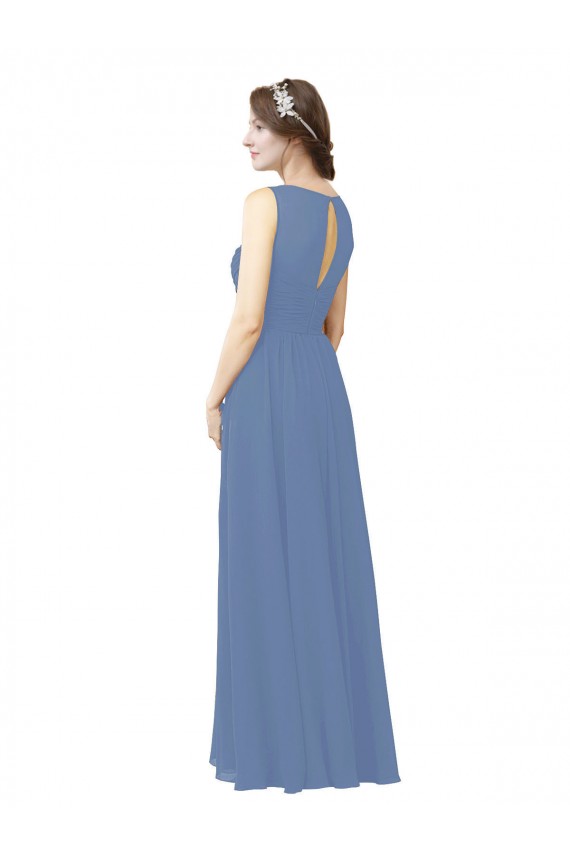 Windsor Azul Bainha Decote Ilusão Chiffon Longo Vestidos de Madrinha Acessíveis