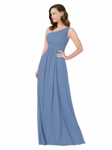 Windsor Azul Bainha Um Ombro Chiffon Longo Vestidos de Madrinha