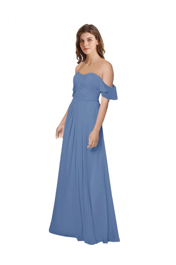Windsor Azul Chiffon Linha A Abrir de volta Sem alças Longo Vestidos de Madrinha Acessíveis