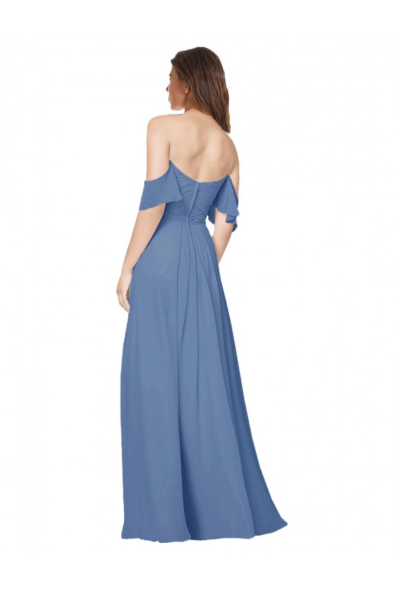 Windsor Azul Chiffon Linha A Abrir de volta Sem alças Longo Vestidos de Madrinha Acessíveis