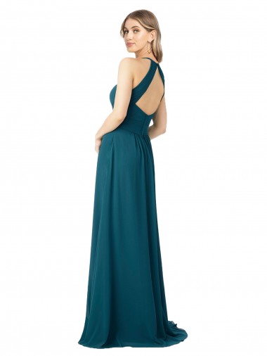 Windsor Azul Linha A Decote Alto Chiffon Longo Vestidos de Madrinha