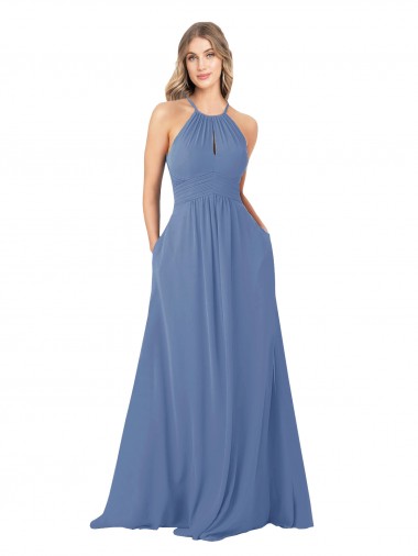 Windsor Azul Linha A Decote Alto Chiffon Longo Vestidos de Madrinha