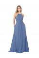 Windsor Azul Linha A Decote Alto Chiffon Longo Vestidos de Madrinha Acessíveis