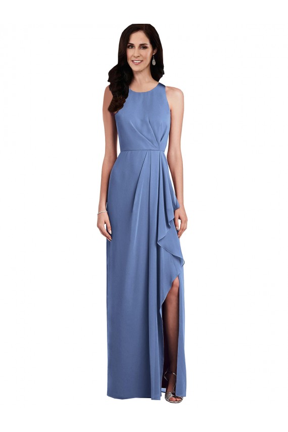 Windsor Azul Linha A Decote Joia Chiffon Longo Vestidos de Madrinha Acessíveis
