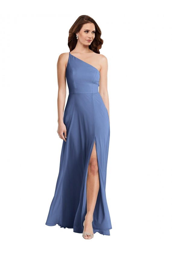 Windsor Azul Linha A Um Ombro Chiffon Longo Formais Vestidos de Madrinha / Vestidos de Noite Acessíveis