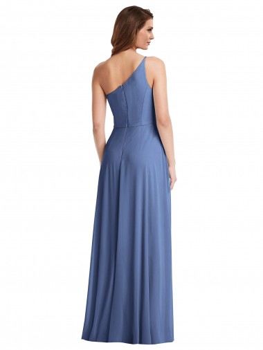 Windsor Azul Linha A Um Ombro Chiffon Longo Formais Vestidos de Madrinha / Vestidos de Noite